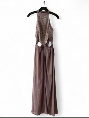 Mind Code Dusty Pink Taupe Crochet Halter Backless Maxi Dress